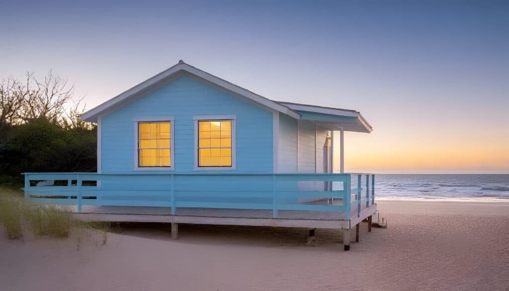 Photograph of a charming light blue beach house on a sandy shore at twilight, with warm lights glowing from within, evoking a sense of peaceful coastal living.
