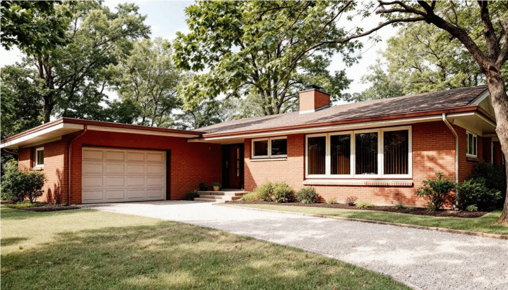 The image features a classic 1960s red brick ranch house, characterized by its horizontal architecture, large windows, and an attached garage with dark brown garage doors. The inviting front porch and well-maintained exterior enhance its curb appeal, showcasing a timeless style.