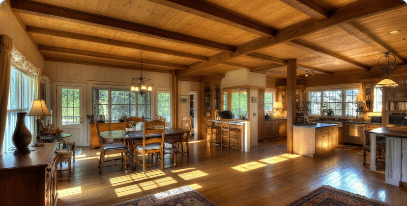 The image showcases the interior of a beautifully remodeled 1980s ranch style house, featuring an open layout that connects the kitchen and family room, bathed in natural light from large windows. The space is adorned with warm wooden floors, soft rugs, and cozy textiles, creating an inviting atmosphere for family gatherings and relaxation.