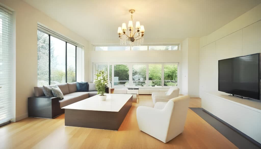 2 Story Interior - Ranch Style Homes USA a photograph of a modern 2-story home interior. The downstairs features a formal living room and kitchen with sleek, organized furniture.