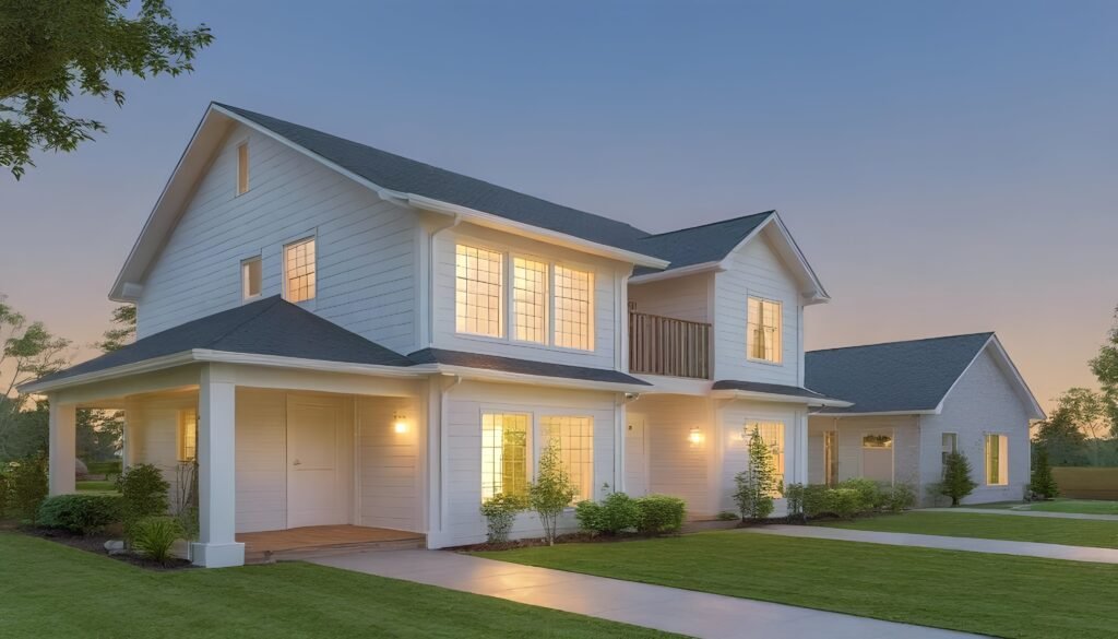 3D Ranch - Ranch Style Homes USA Two modern craftsman-style homes with lush, vibrant lawns and warm golden interior lighting, set against a serene blue sky at dusk, exuding comfort and warmth.