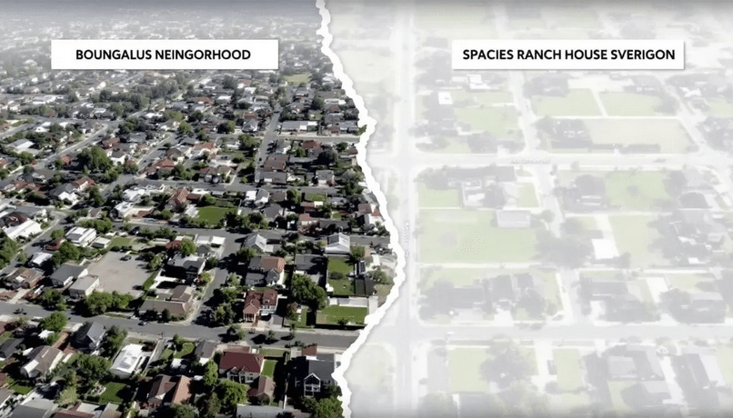 An aerial view captures a dense bungalow neighborhood featuring closely spaced homes with charming front porches, contrasting with a spacious ranch house subdivision characterized by single-story ranch style homes, large windows, and expansive yards. The layout highlights the significant differences in living space and design between the two styles of residences.