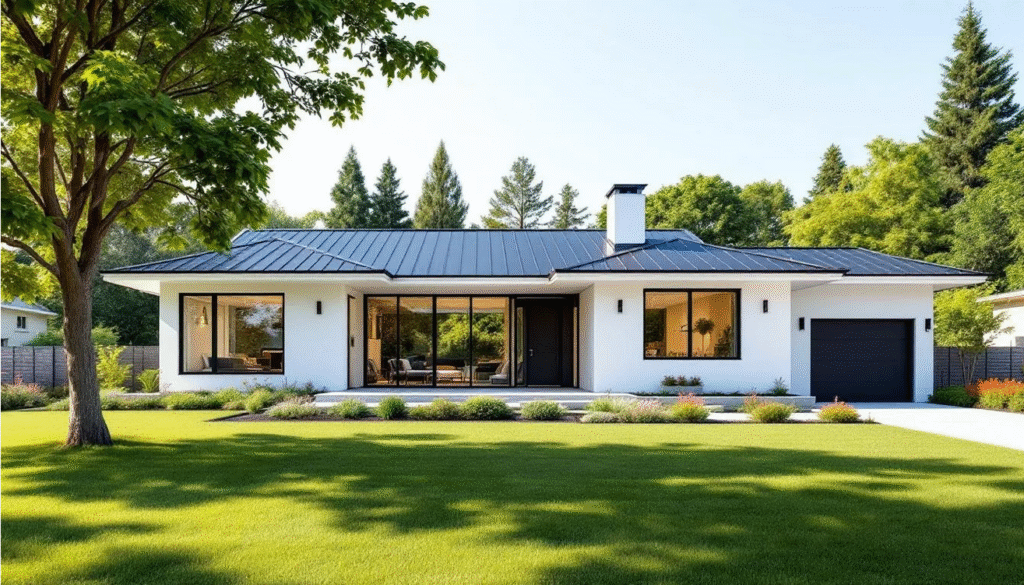 All White Ranch House - Ranch Style Homes USA The image features a stunning all white ranch house with a classic black roof, showcasing modern ranch style and elegant white walls. The home's exterior is complemented by manicured landscaping, enhancing its curb appeal in a charming suburban setting.