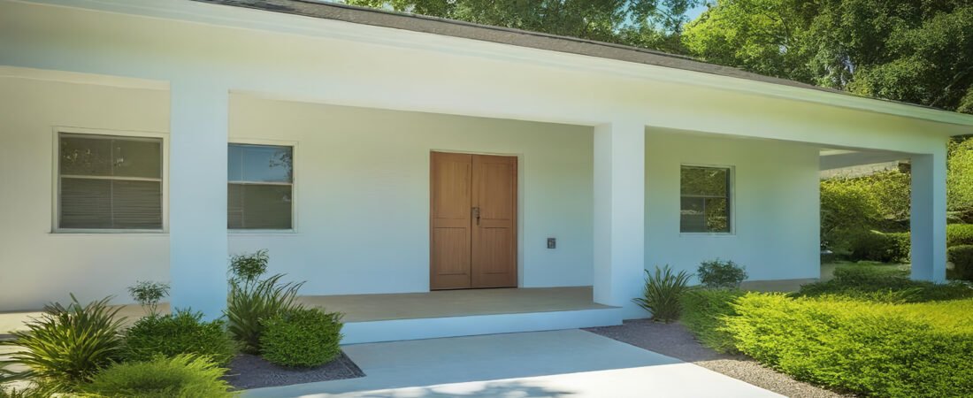 All White Ranch House - Ranch Style Homes USA A pristine, all-white ranch house with clean lines, surrounded by lush greenery, under a bright, sunny sky, captured in high-definition photographic quality