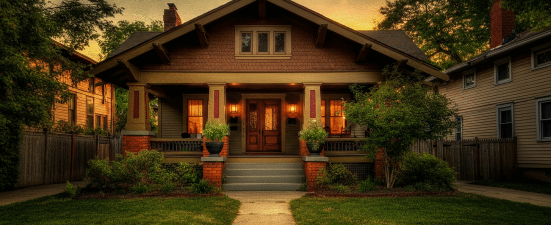 Photograph of a charming Craftsman-style house at sunset, featuring warm glowing windows, a well-maintained lawn, and lush greenery, evoking a sense of home and tranquility.