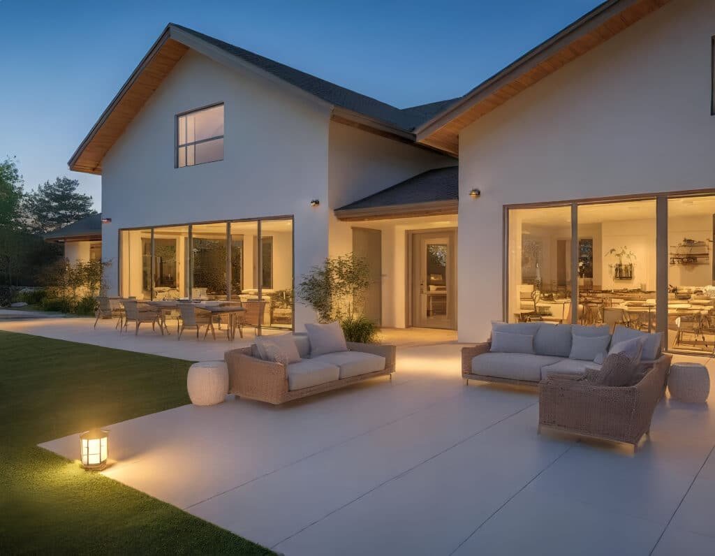 Photograph of a modern barn-style house at twilight, featuring a warmly lit patio with string lights and an inviting fire pit, evoking tranquility and comfort.