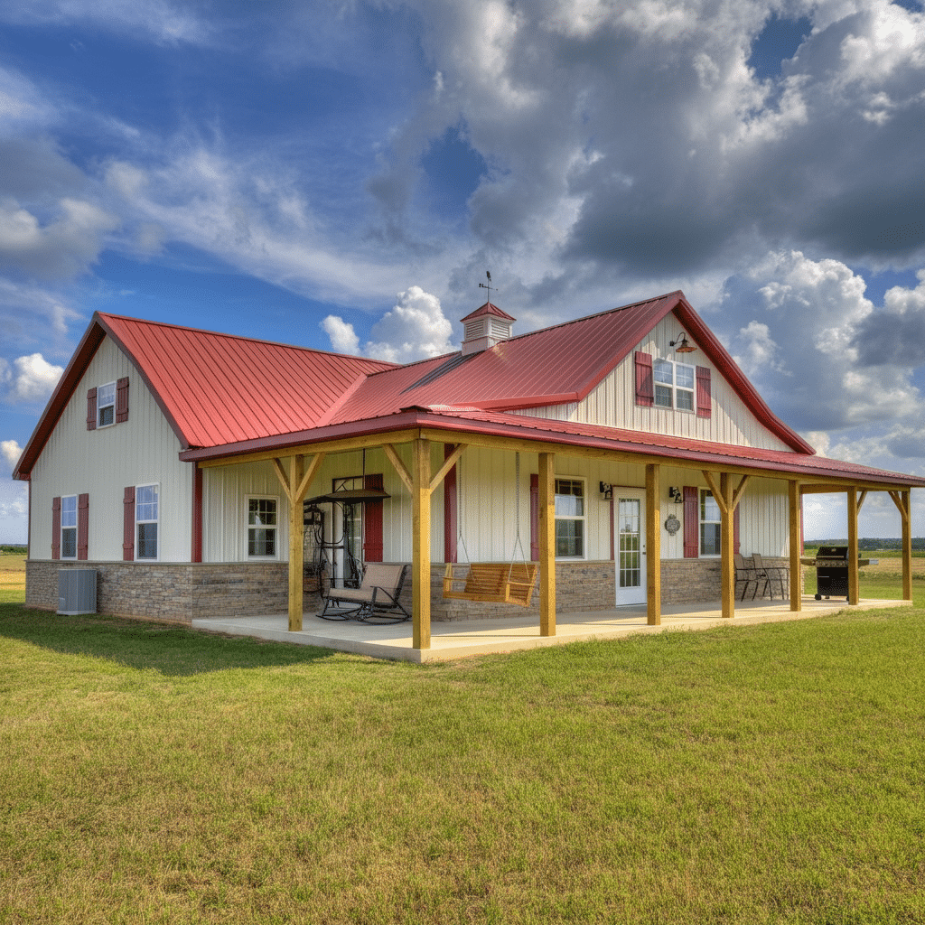 Photograph of a modern barn-style house with a vibrant red roof and an inviting wrap-around porch, set in a lush green field under a dramatic blue sky.