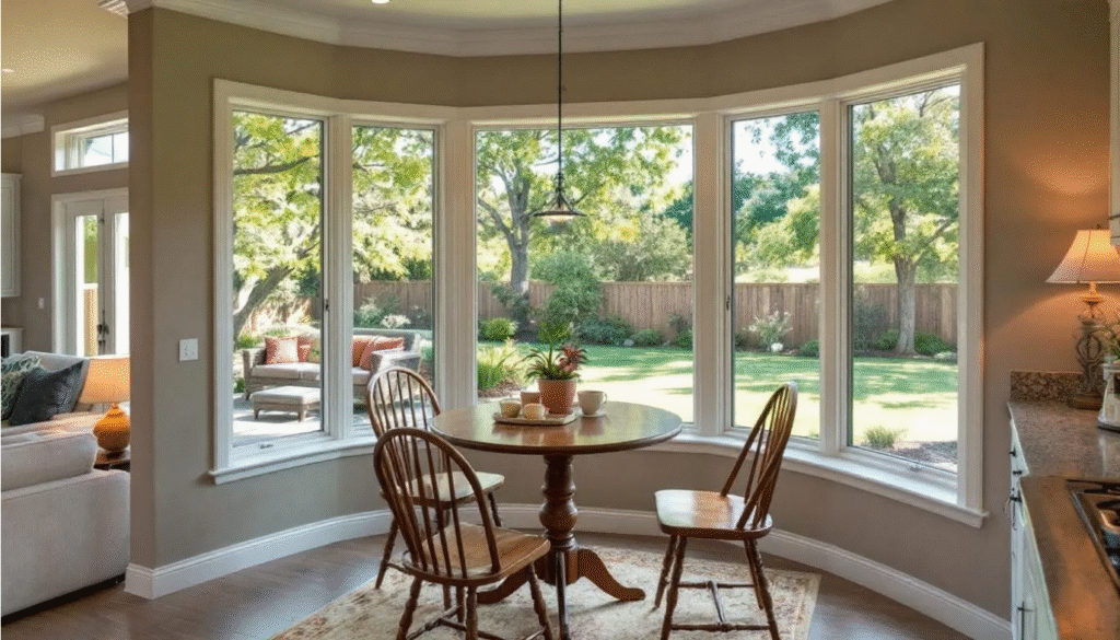 Bay Window - Ranch Style Homes USA The image depicts a bay window installation in a ranch style home’s breakfast nook, showcasing a spacious interior filled with natural light and panoramic views of the outdoors. The large picture windows enhance the room's aesthetic while promoting indoor outdoor living.