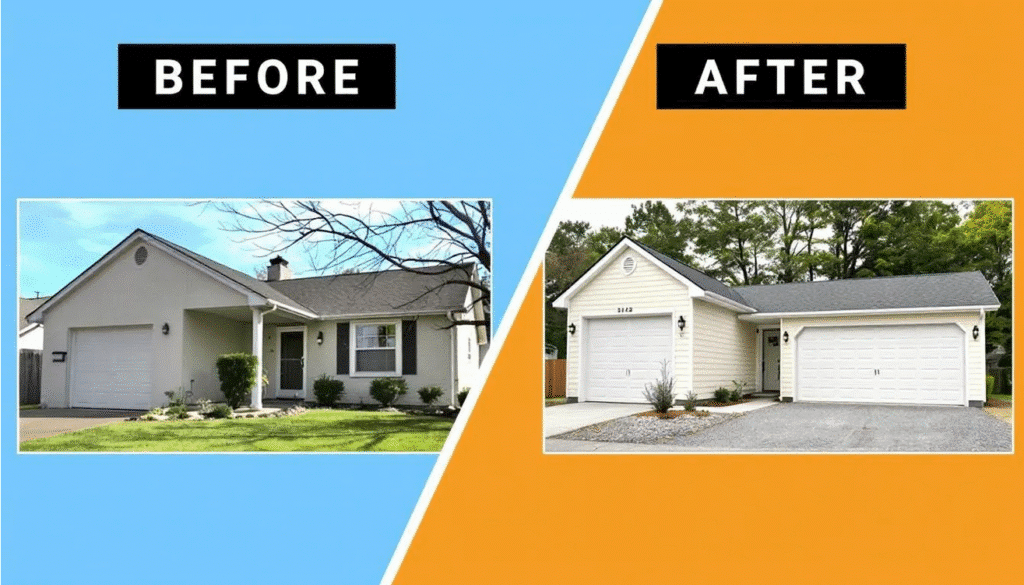 The image shows a before and after comparison of a ranch style home featuring a new garage addition. The transformation enhances the home's curb appeal and provides secure parking, while also increasing the overall living space and functionality of the ranch house.