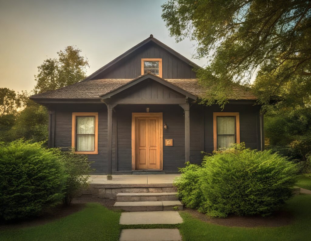 Black Painted Ranch - Ranch Style Homes USA A rustic, black-painted ranch house with weathered wood accents, surrounded by lush greenery, warm golden light, and a serene atmosphere, captured in a wide-angle HDR photograph