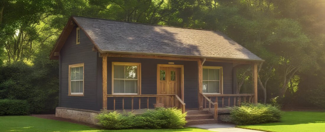 Black Ranch House - Ranch Style Homes USA A rustic, black-painted ranch house with a weathered wooden porch, surrounded by lush green trees, serene landscape, and warm, golden sunlight, creating a cozy, natural ambiance.