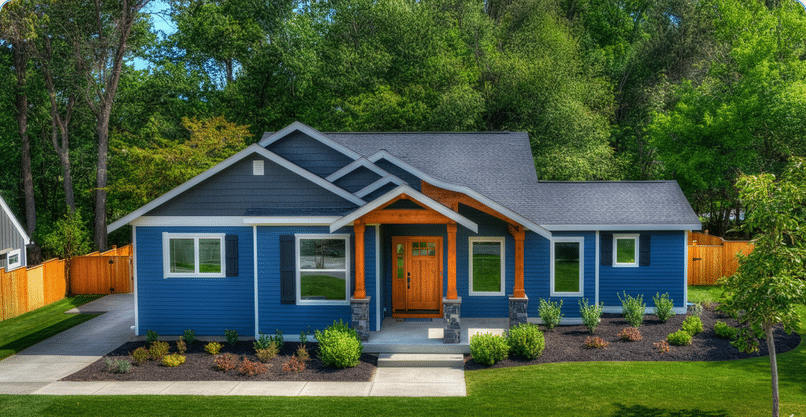 Photograph of a modern craftsman-style blue house with a vibrant green lawn, surrounded by lush trees under a clear sky, exuding a fresh and welcoming ambiance.