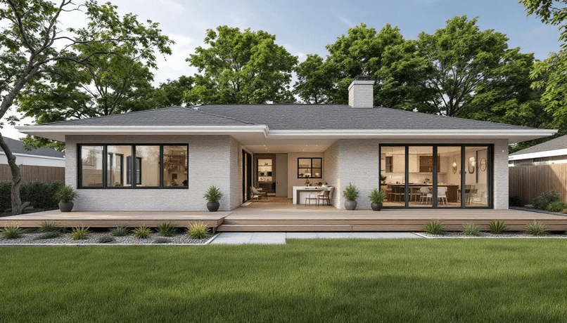 The image showcases a beautifully transformed brick ranch home, featuring a modern entrance with a prominent front door and large windows that enhance curb appeal. Inside, the open layout connects the kitchen and living room, creating an inviting space that highlights the ranch style home’s timeless charm and functional design.