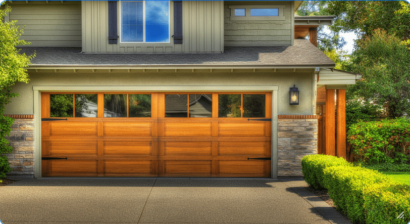 Brown Garage Door - Ranch Style Homes USA The image showcases a beautifully remodeled ranch style home featuring a modern garage door that complements the overall exterior. The garage door, designed with wood paneling and windows, enhances the curb appeal while harmonizing with the neutral color scheme and landscaping of the property.