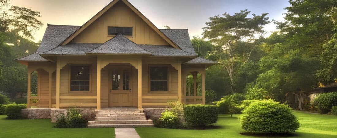 A cozy bungalow with a wraparound porch, lush greenery, and warm golden lighting, captured in a highly detailed, photorealistic HDR photograph with rich textures and vibrant colors.