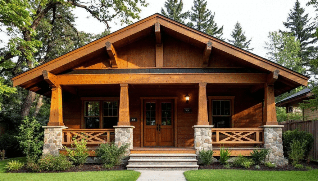 The image depicts a Craftsman bungalow showcasing exposed beams and natural wood details, highlighting the architectural style's emphasis on craftsmanship and warmth. This traditional bungalow features a low-pitched roof and a wide front porch, typical of the Arts and Crafts movement, creating inviting living spaces for families.
