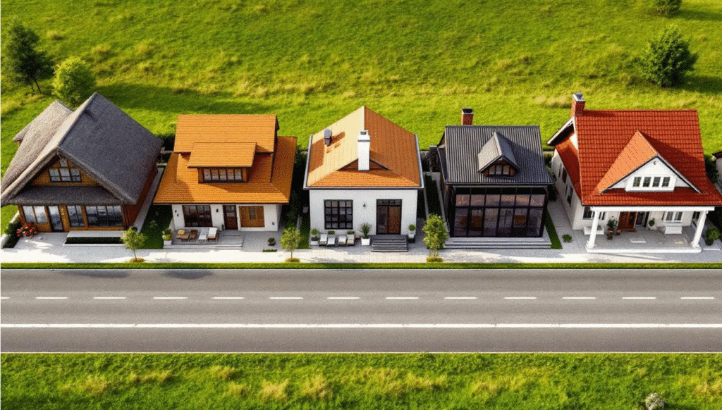 The image features a row of diverse bungalow styles, showcasing various regional architectural variations, including craftsman bungalows and Chicago bungalows. Each house displays unique elements such as low pitched roofs, wide overhanging eaves, and front porches, reflecting the rich history of American bungalow design.