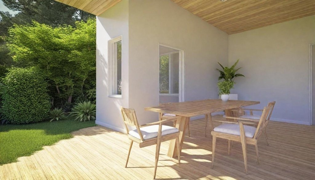 California Ranch Style Patio - Ranch Style Homes USA An outdoor patio with sliding glass doors, a mix of stucco and wood, and a view of a lush garden. Include a rustic wooden table with potted plants.