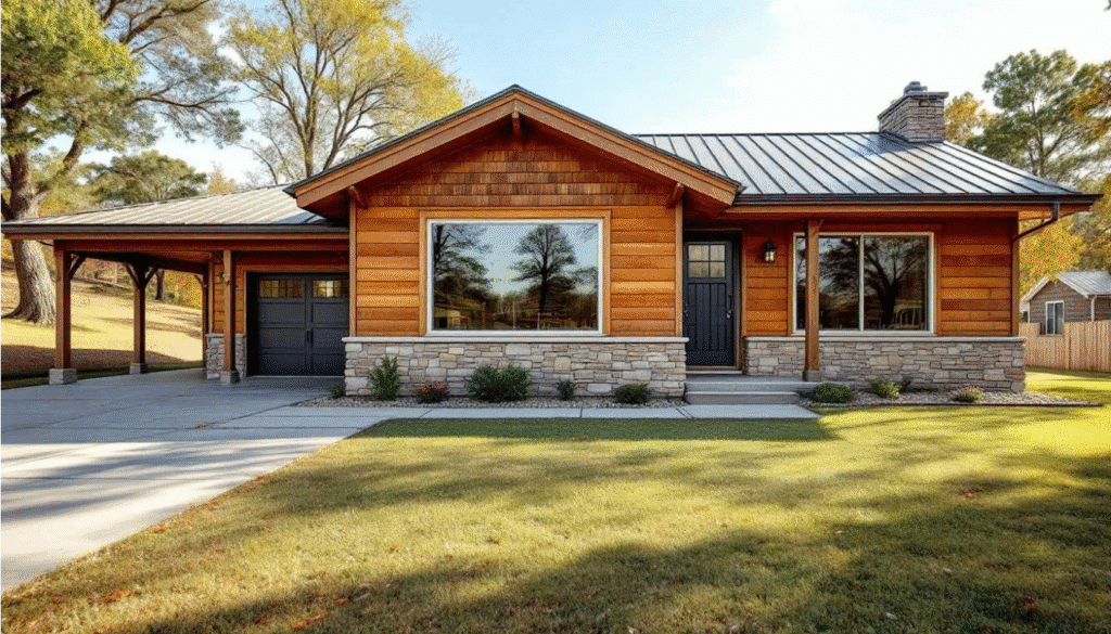 The image features a charming ranch style house, showcasing its single story design with large windows that invite natural light and offer a view of the surrounding landscape. The home's exterior is adorned with a neutral color palette and unique textures, enhancing its curb appeal and inviting atmosphere.