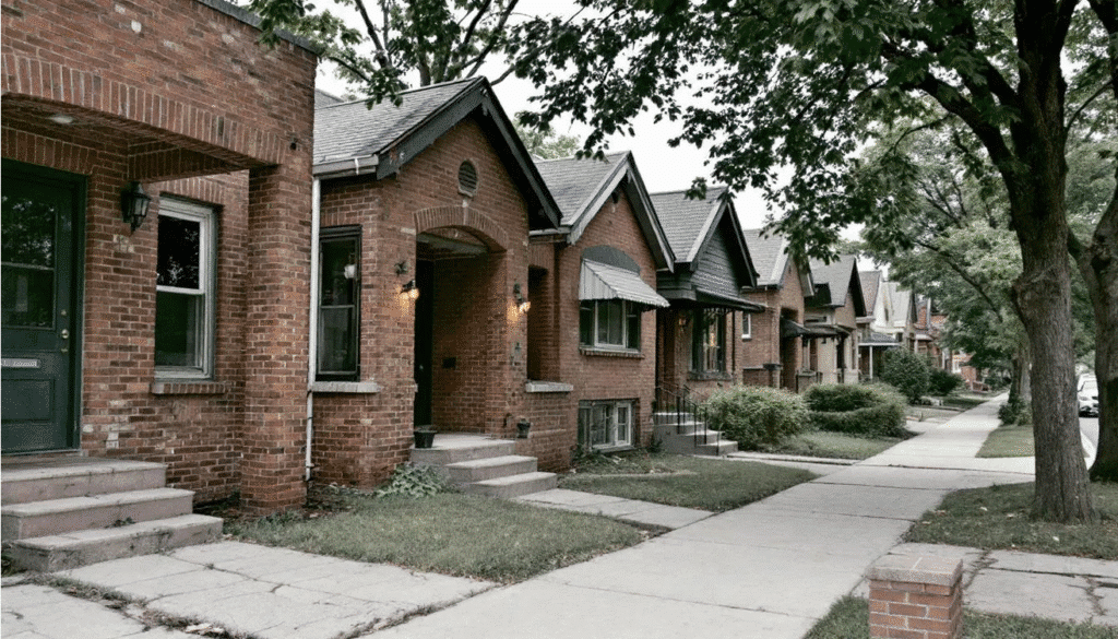 A row of Chicago bungalows showcases the consistent brick construction and front-facing gables characteristic of the traditional bungalow style, featuring low pitched roofs and wide front porches that enhance the living spaces. These modestly sized homes reflect the architectural style of the arts and crafts movement, creating a charming neighborhood aesthetic.