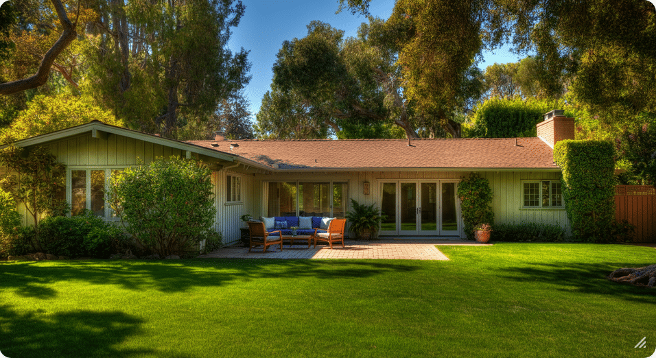 Low-pitched roof, wide eaves, and a sprawling layout with a focus on indoor-outdoor living.