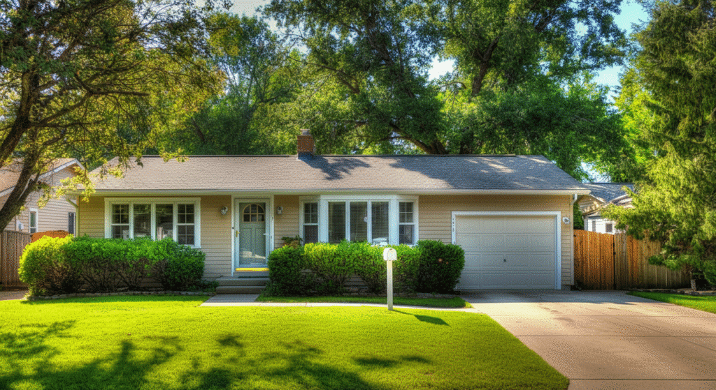 The image showcases a classic ranch style house featuring a low pitched roof and large windows, emphasizing its simple design and functionality. This single story home includes an attached garage and an open floor plan, reflecting the evolving preferences of homeowners over the years.