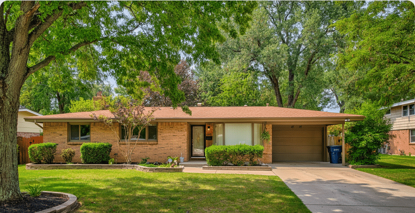 Photograph of a well-maintained, classic brick ranch-style suburban home with a lush green lawn and mature trees under bright daylight, conveying comfort and stability.