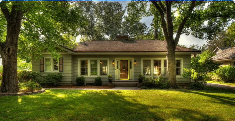 The image depicts a classic 1920s ranch style house, showcasing its single-story design with wide eaves and large windows that connect the indoors to the outdoors. This ranch home features an open floor plan and inviting porch, reflecting the warm, informal lifestyle associated with ranch house neighborhoods.