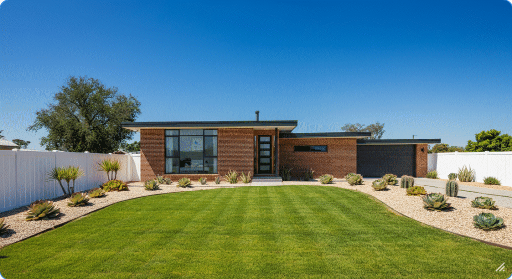 A single-story brick ranch-style home with a two-car garage, a lush green lawn, and a white picket fence under a bright blue sky.