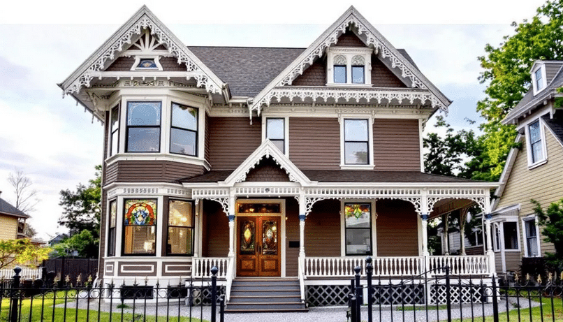 The image showcases a classic Victorian house, characterized by its tall, multi-story structure and an asymmetrical facade featuring a prominent bay window and a welcoming front porch. Decorative elements like intricate gingerbread trim and colorful stained glass windows highlight the architectural beauty of this historic home, reflecting the charm and elegance of Victorian architecture.