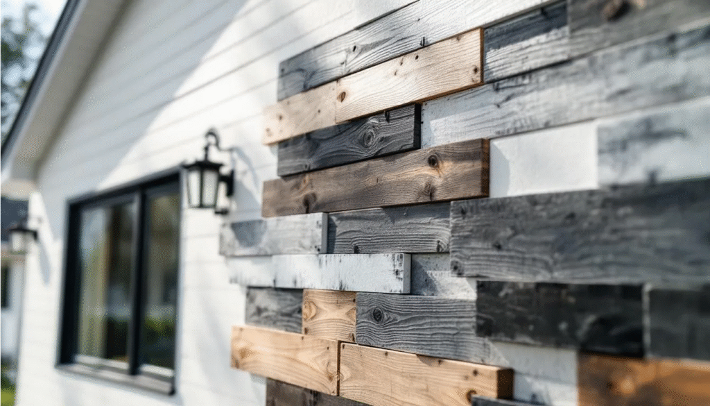 Closeup Exterior - Ranch Style Homes USA This close-up detail showcases the elegant exterior of a modern ranch house, featuring a combination of white walls and various siding materials accented by striking black trim elements. The image highlights the textures and styles that enhance the home's curb appeal, creating a warm and inviting atmosphere.