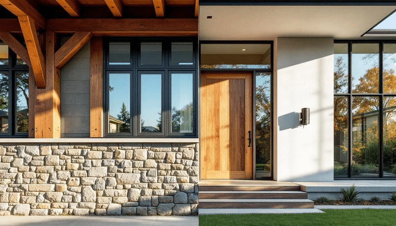 The image showcases close-up architectural details that highlight the distinct characteristics of a bungalow style home with its craftsman elements, contrasted against the modern simplicity of a ranch style house. The focus is on features like low pitched roofs and large windows, illustrating the significant differences between these two popular styles of homes.