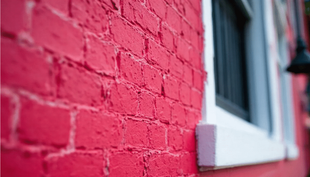 A close-up view of a red brick wall showcases the rich texture and color contrast with white trim, highlighting the inviting exterior of a red brick ranch house. The detailed mortar and bricks create a warm and welcoming appearance, enhancing the home's curb appeal.