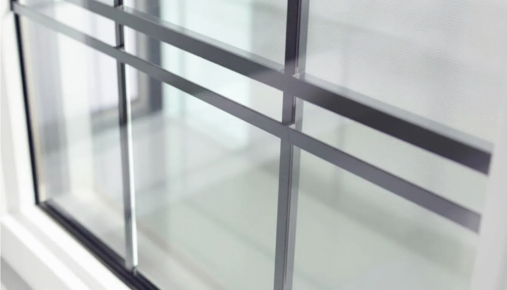 Closeup View Of Window - Ranch Style Homes USA A close-up view of a ranch style window reveals a 4-over-1 grille pattern framed by a narrow profile, showcasing its sleek design and clean lines that enhance the curb appeal of ranch homes. This window style allows natural light to flood into the living spaces, creating a warm and inviting atmosphere.