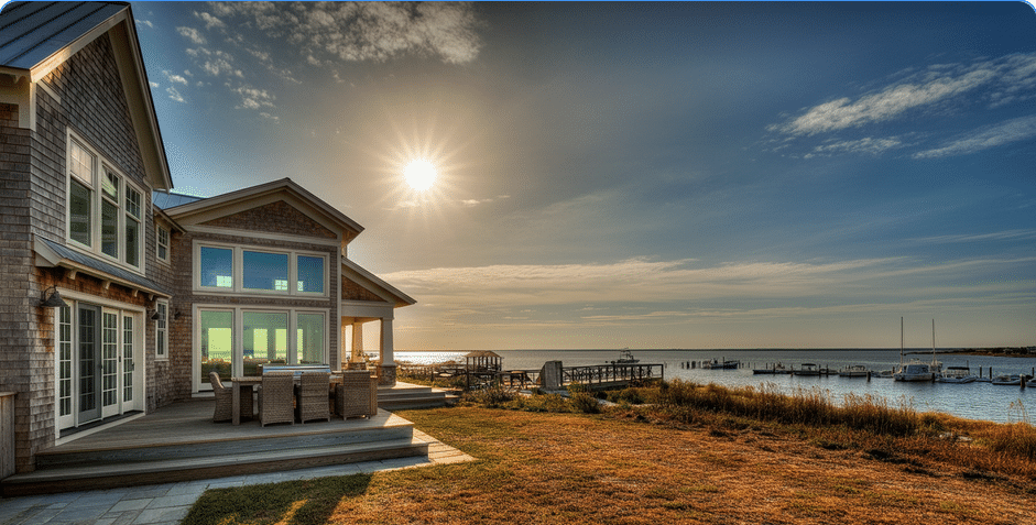 The image depicts a stunning coastal ranch house featuring large windows and glass doors that provide breathtaking waterfront views. The design includes a wraparound porch perfect for relaxing in the shade and an outdoor kitchen adjacent to the great room, ideal for enjoying meals while soaking in the coastal atmosphere.