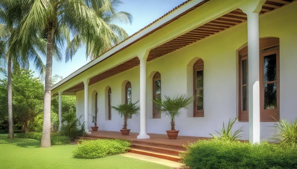 The image depicts a historic British colonial bungalow, showcasing its distinctive bungalow architecture with a wide veranda and surrounded by lush tropical landscaping. The structure features low pitched roofs, wide columns, and exposed beams, typical of traditional bungalow style homes, creating a charming and inviting atmosphere.