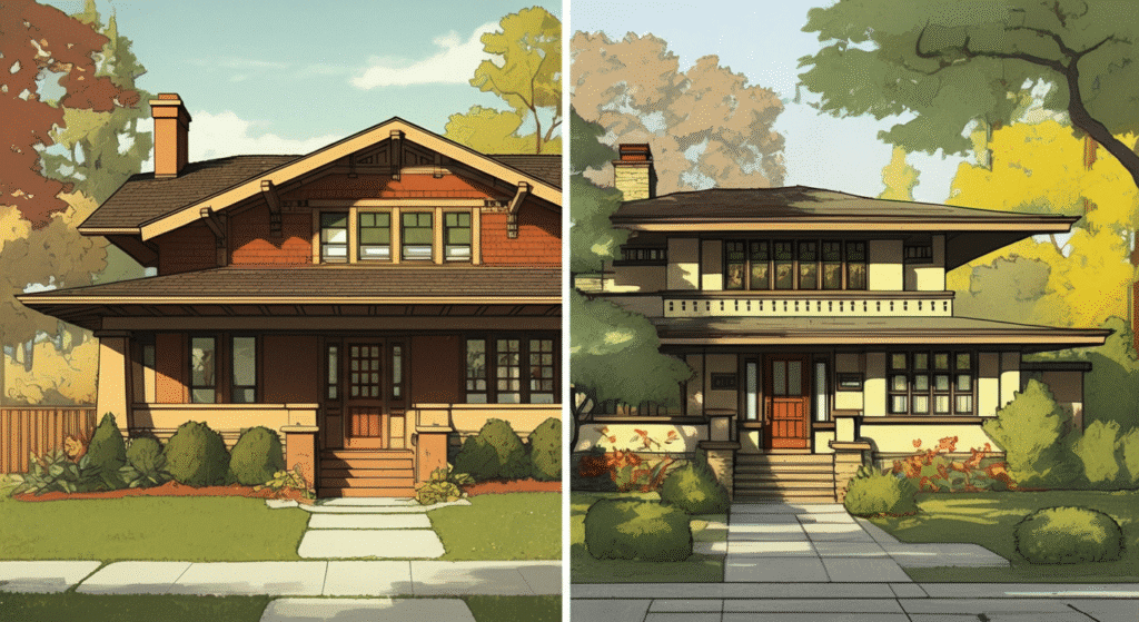 Illustration of two distinct, well-maintained houses (Craftsman and Prairie Style) side-by-side, showcasing architectural differences in a pleasant suburban setting.