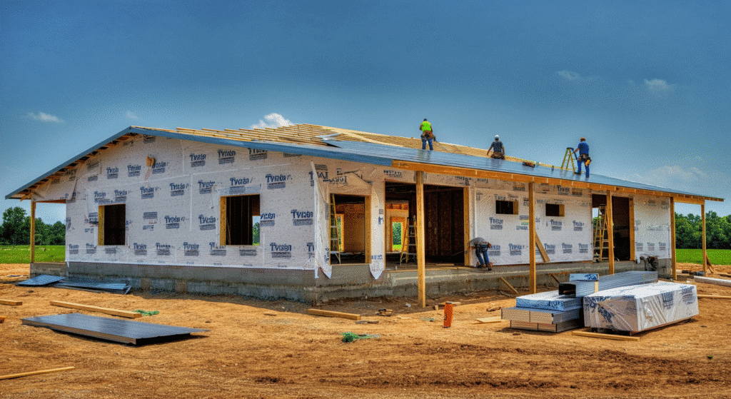 The image depicts the construction of a ranch style barndominium, showcasing metal roofing and siding panels being installed, which highlights the efficiency and cost savings of this building method. The scene captures the essence of turning a house plan into a dream home, with visible materials and tools that suggest a straightforward construction process.