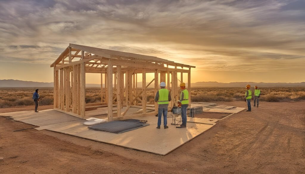Construction - Ranch Style Homes USA A group of construction workers is seen diligently building a custom home frame, showcasing the quality and craftsmanship that goes into creating a dream western home. The scene reflects the hard work and dedication involved in providing families with a comfortable living space tailored to their individual lifestyles.