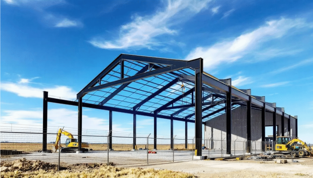 The image shows a construction site featuring a steel frame barndominium under construction, with a clear blue sky in the background. This scene captures the essence of building a new home, showcasing the framework that will soon become a part of Texas barndominiums.