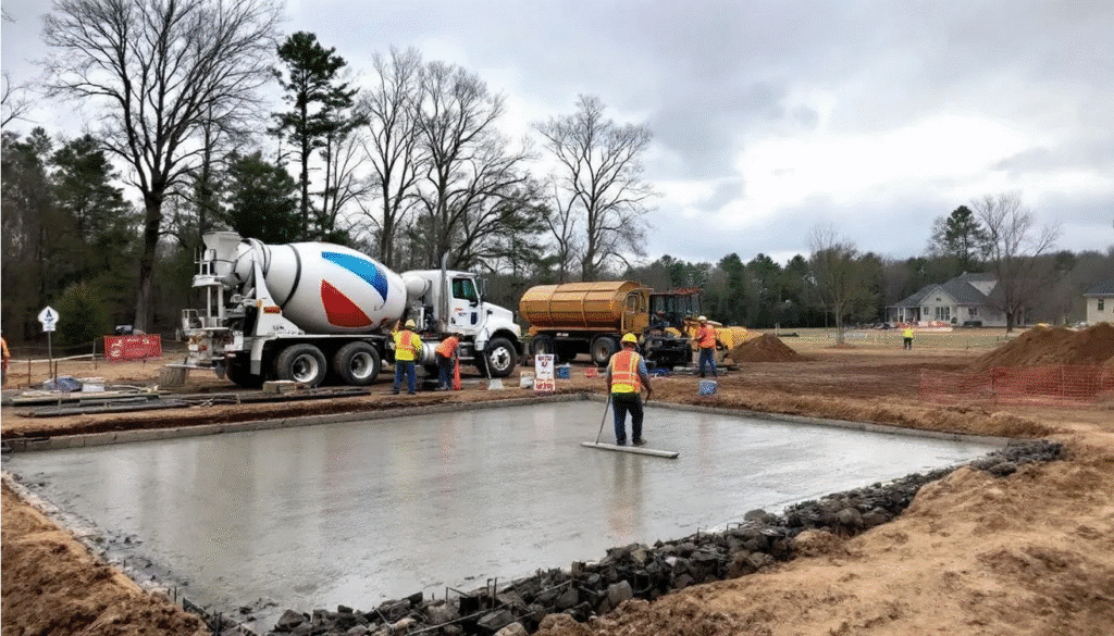 The image depicts a construction site where a garage foundation is being poured, showcasing the early stages of a garage addition to a ranch style home. The scene illustrates the groundwork that will support secure parking and enhance the home's functionality and curb appeal.
