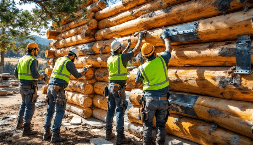 Construction workers are diligently assembling log walls for a custom log home, showcasing the building process of this dream log cabin project. The scene highlights the teamwork and craftsmanship involved in creating a unique vision for a ranch-style living space.