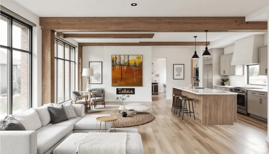 The image depicts a contemporary bungalow renovation featuring an open concept interior that showcases preserved architectural details, such as exposed beams and wide columns. This inviting living space reflects the charm of traditional bungalow style while offering modern amenities and abundant natural light.