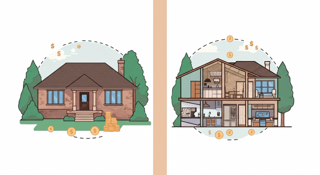 Costs - Ranch Style Homes USA Ranch house with sprawling layout and large foundation and roof beside a compact 2-story home with smaller foundation, roof, and interior stairs, with dollar signs and cost icons