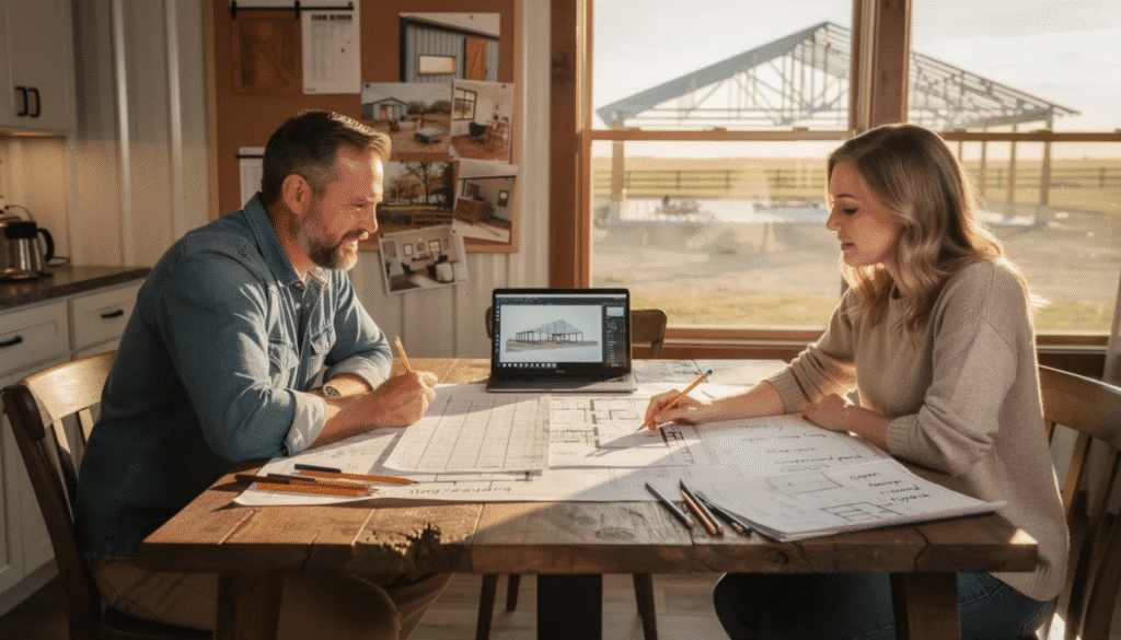 The image depicts a couple enthusiastically sketching out their barndominium floor plans, surrounded by architectural tools and papers. Their designs reflect the freedom and creativity involved in planning a ranch style barndominium that perfectly accommodates their family's lifestyle.