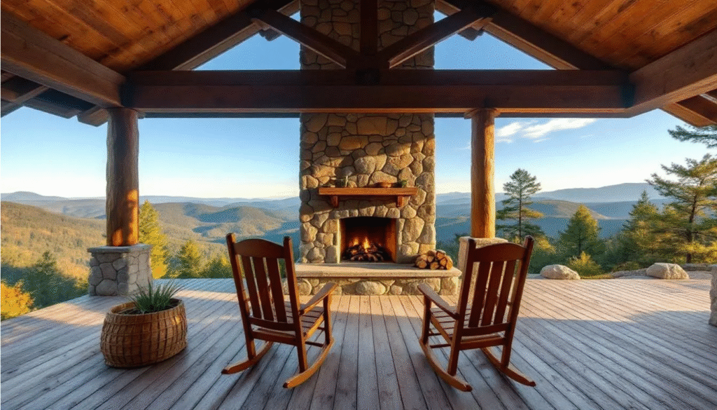 Covered Porch - Ranch Style Homes USA The image features a covered porch adorned with wooden rocking chairs, a cozy stone fireplace, and a breathtaking mountain view, embodying rustic charm and inviting warmth. The exposed wood beams and natural materials enhance the rustic style, creating a perfect spot for relaxation and enjoying nature's beauty.