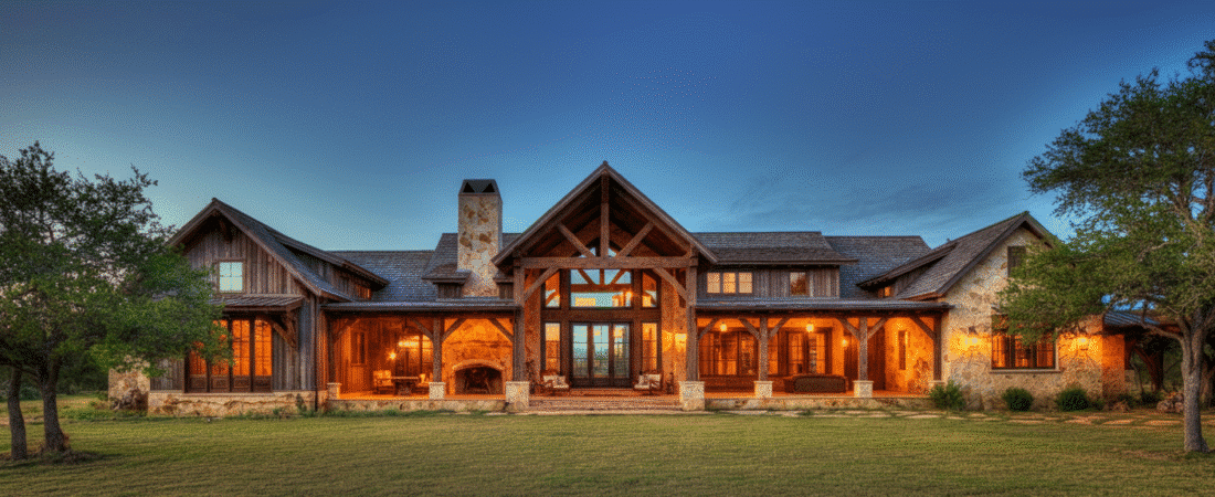 Photograph of a grand, luxurious modern farmhouse at dusk, featuring warm interior lights, natural stone and wood, and an expansive green lawn under a deep blue sky.