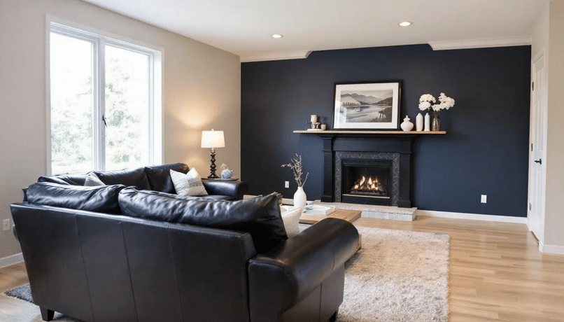 Cozy Black Fireplace - Ranch Style Homes USA The image depicts a raised ranch living room designed around a cozy fireplace, which serves as the focal point of the space. The furniture is arranged to face the fireplace, enhancing the room's flow and creating a warm atmosphere, complemented by layered lighting from floor lamps and table lamps.