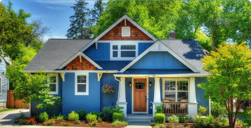 Photograph of a charming, well-maintained blue craftsman-style home with lush green landscaping, a welcoming porch, and vibrant flowers under a clear blue sky, evoking warmth and curb appeal.