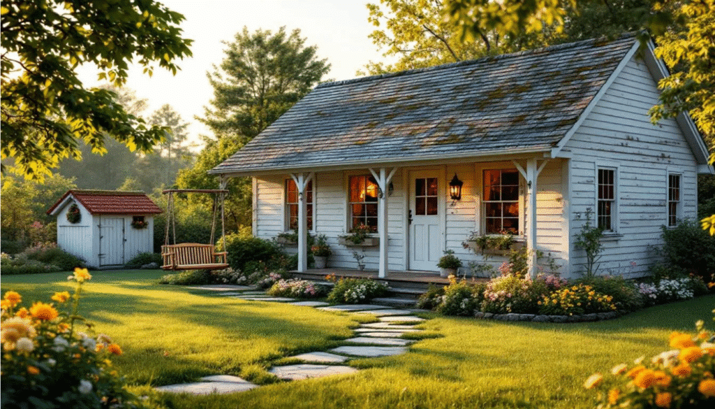 This image features a cozy cottage ranch, designed for one or two people, showcasing a charming garden in front. The single-story home is depicted with expansive windows that invite natural light, highlighting its ranch style and seamless flow within the compact layout.